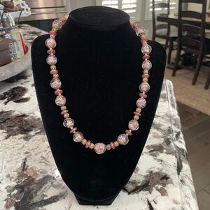 Vintage Italian Hand Blown Sommerso Pink & Bronze Glass Bead Necklace 18”